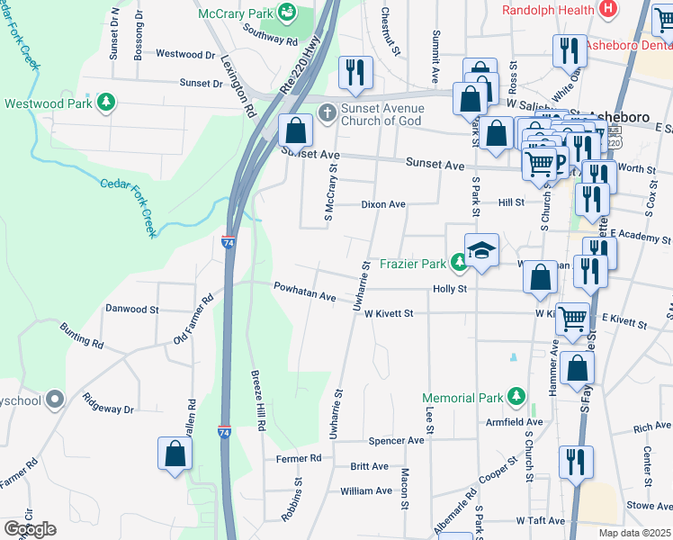 map of restaurants, bars, coffee shops, grocery stores, and more near 821 Occoneechee Street in Asheboro