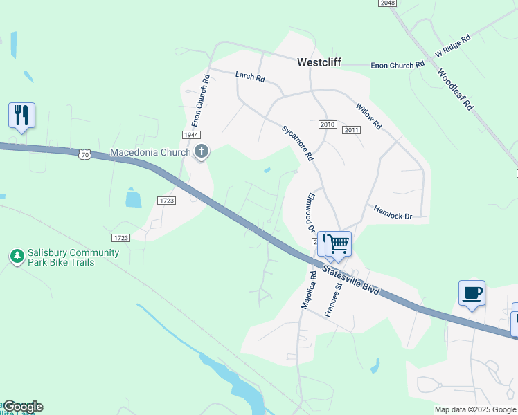 map of restaurants, bars, coffee shops, grocery stores, and more near 2720 Statesville Boulevard in Salisbury