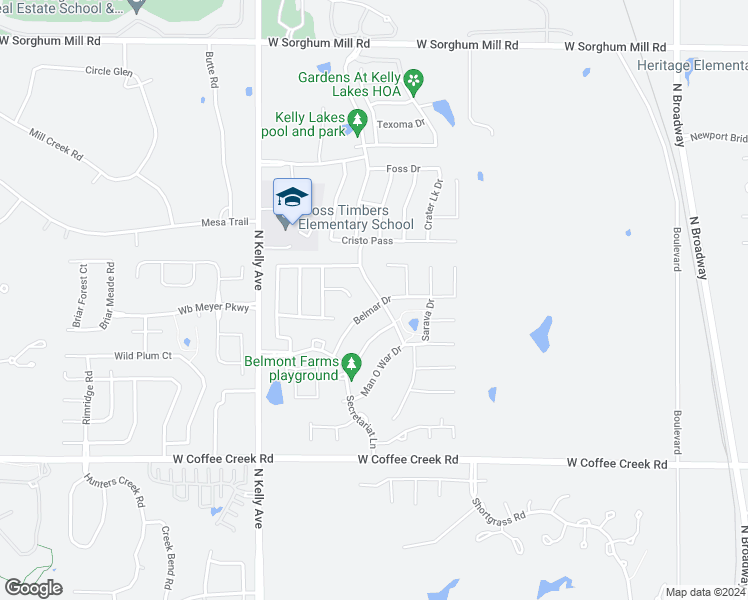 map of restaurants, bars, coffee shops, grocery stores, and more near 625 Belmar Drive in Edmond