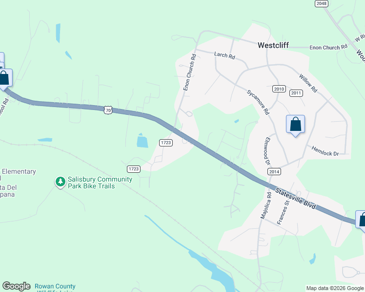 map of restaurants, bars, coffee shops, grocery stores, and more near 2925 Statesville Boulevard in Salisbury