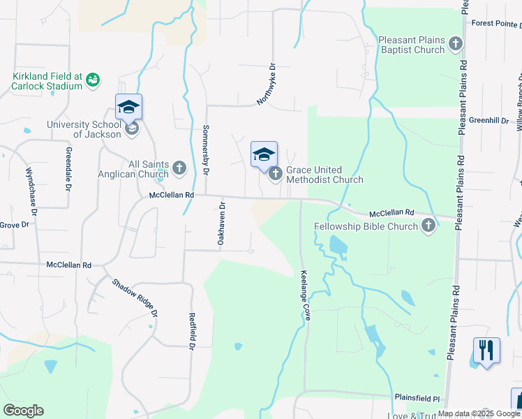 map of restaurants, bars, coffee shops, grocery stores, and more near 135 McClellan Road in Jackson