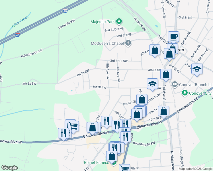 map of restaurants, bars, coffee shops, grocery stores, and more near 803 6th Street Southwest in Conover