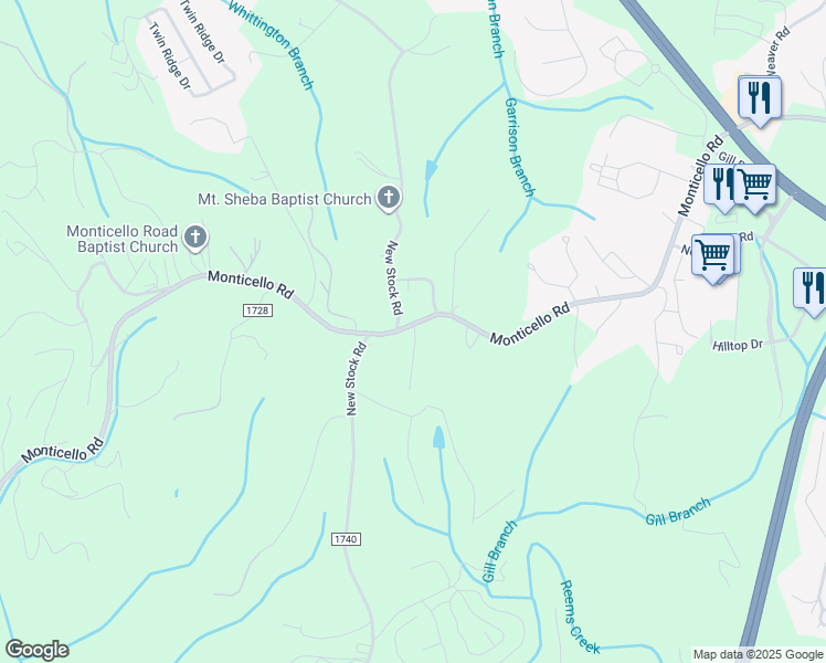 map of restaurants, bars, coffee shops, grocery stores, and more near 220 Monticello Road in Weaverville