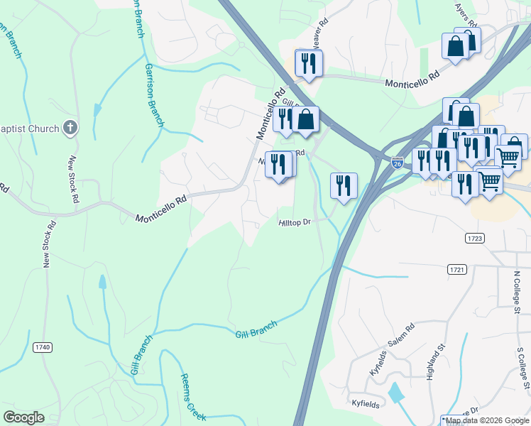map of restaurants, bars, coffee shops, grocery stores, and more near 24 Gill Branch Road in Weaverville
