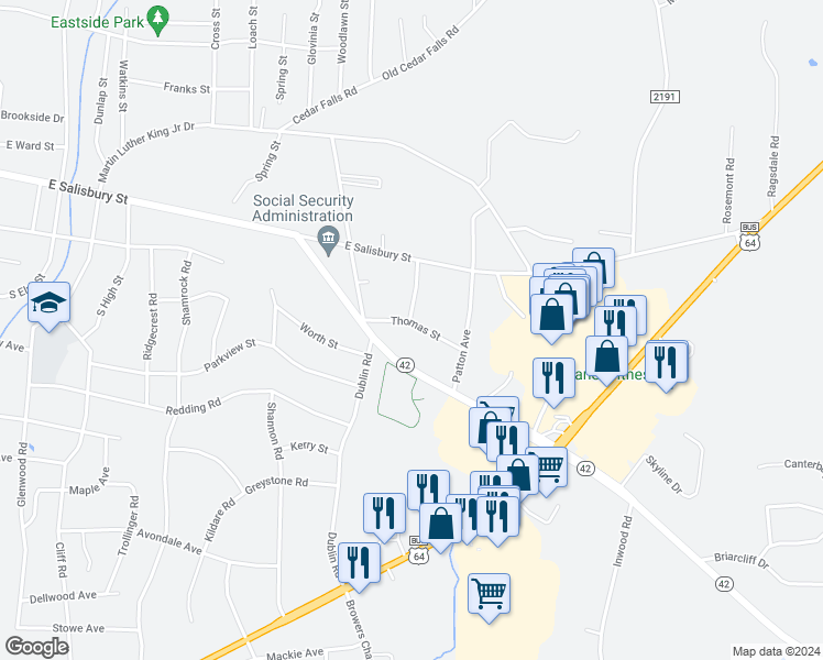 map of restaurants, bars, coffee shops, grocery stores, and more near 810 Thomas Street in Asheboro