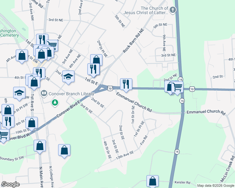 map of restaurants, bars, coffee shops, grocery stores, and more near 901 Emmanuel Church Road in Conover