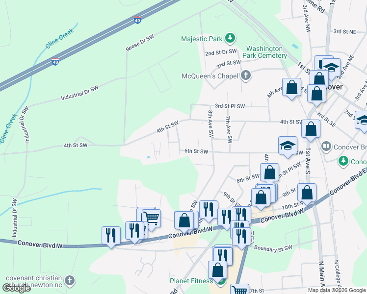 map of restaurants, bars, coffee shops, grocery stores, and more near 903 6th Street Southwest in Conover