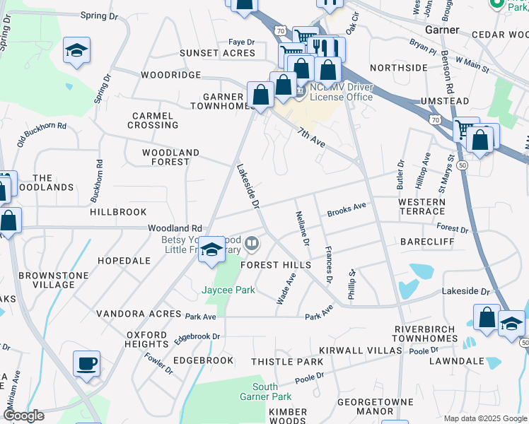 map of restaurants, bars, coffee shops, grocery stores, and more near 1504 Lakeside Drive in Garner
