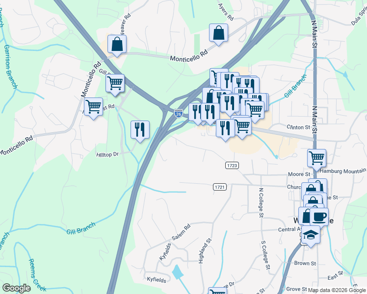 map of restaurants, bars, coffee shops, grocery stores, and more near 72 Northcrest Road in Weaverville