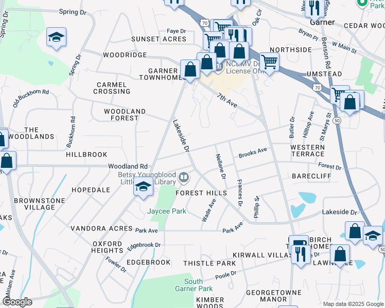 map of restaurants, bars, coffee shops, grocery stores, and more near 1504 Lakeside Drive in Garner