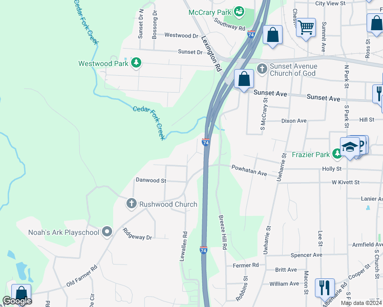 map of restaurants, bars, coffee shops, grocery stores, and more near 725 Norman Street in Asheboro