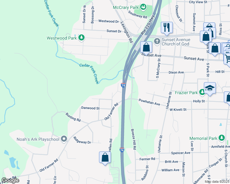 map of restaurants, bars, coffee shops, grocery stores, and more near 725 Norman Street in Asheboro