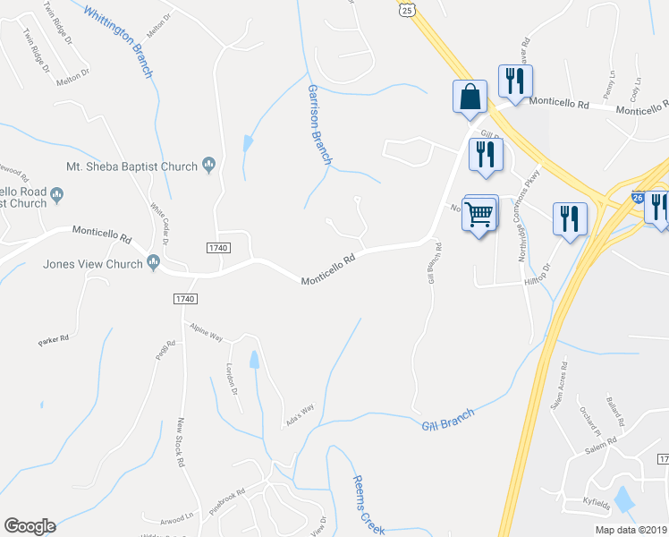 map of restaurants, bars, coffee shops, grocery stores, and more near Monticello Road in Weaverville