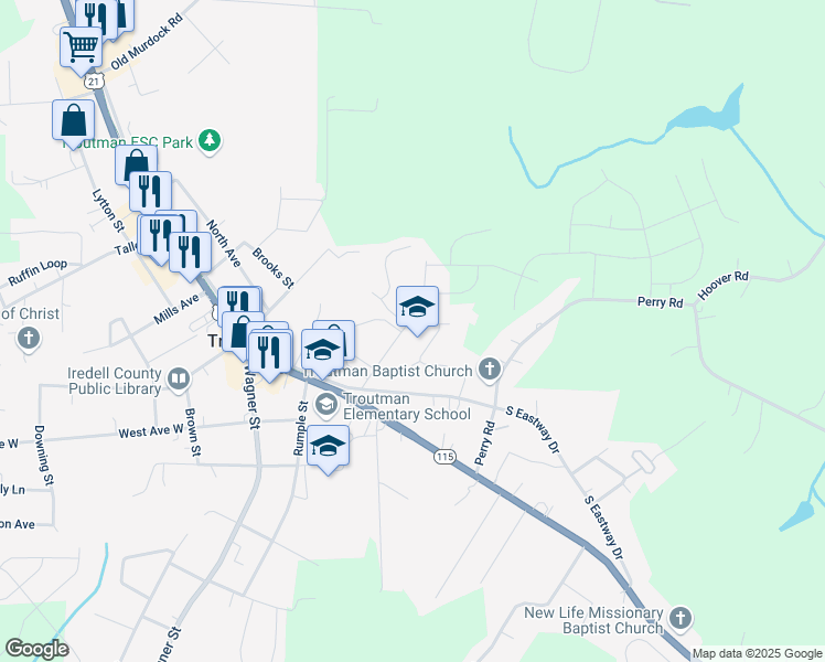 map of restaurants, bars, coffee shops, grocery stores, and more near 376 Winecoff Street in Troutman
