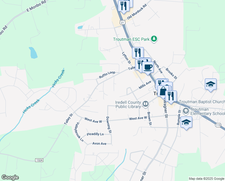map of restaurants, bars, coffee shops, grocery stores, and more near 128 Starks Road in Troutman