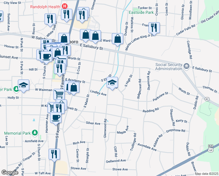 map of restaurants, bars, coffee shops, grocery stores, and more near 342 South Randolph Avenue in Asheboro