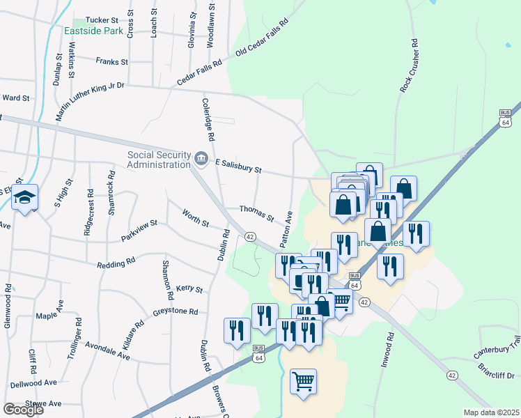 map of restaurants, bars, coffee shops, grocery stores, and more near 1 Callicut Street in Asheboro