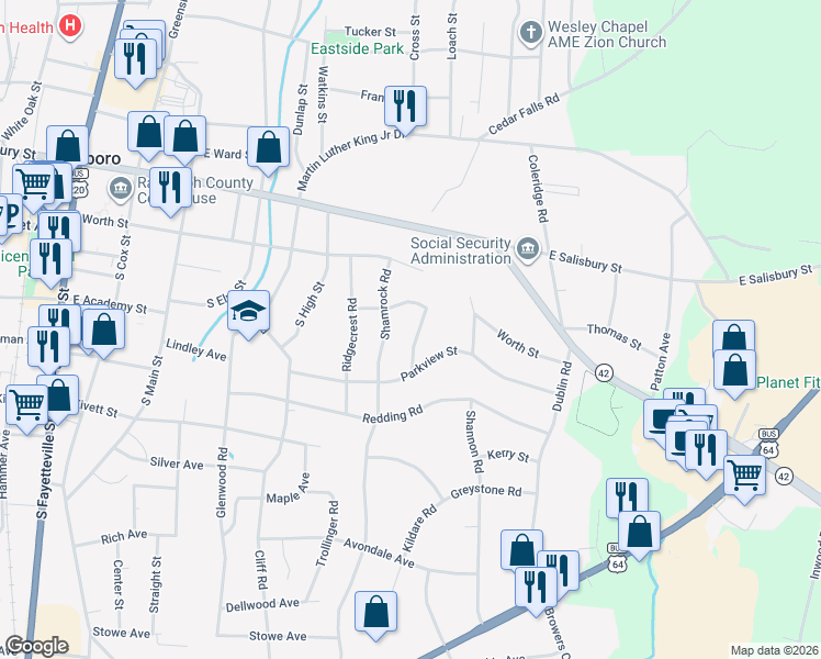 map of restaurants, bars, coffee shops, grocery stores, and more near 201 Shamrock Road in Asheboro