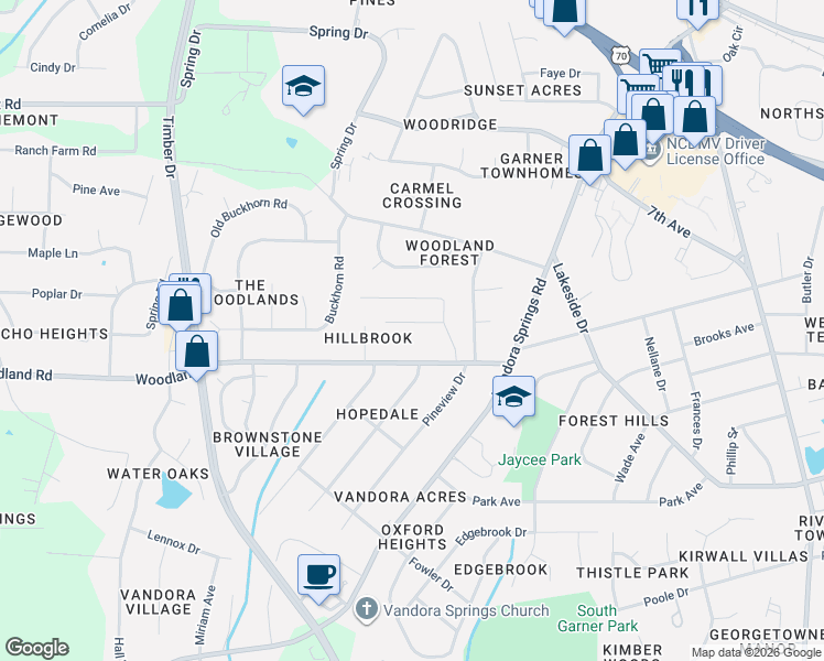 map of restaurants, bars, coffee shops, grocery stores, and more near 1502 Axum Road in Garner