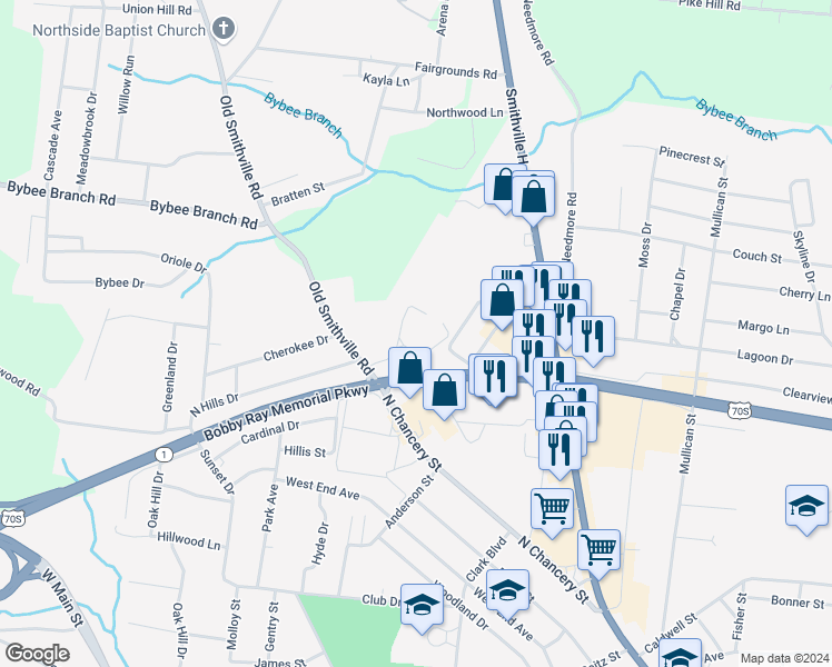 map of restaurants, bars, coffee shops, grocery stores, and more near 932 Old Smithville Road in McMinnville