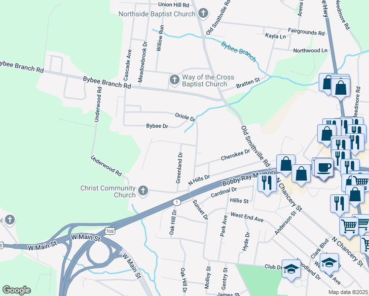 map of restaurants, bars, coffee shops, grocery stores, and more near 118 Greenland Drive in McMinnville