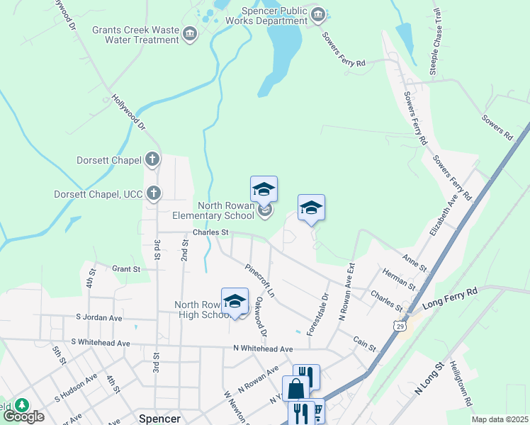 map of restaurants, bars, coffee shops, grocery stores, and more near 600 Charles Street in Spencer
