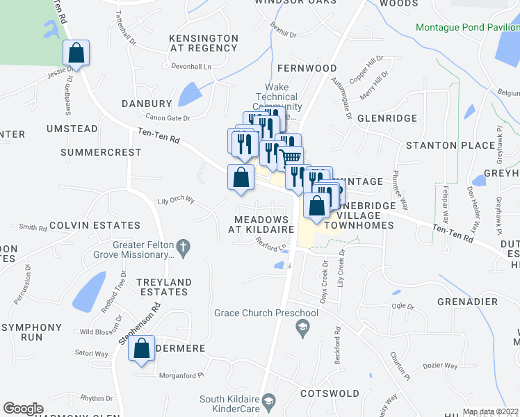map of restaurants, bars, coffee shops, grocery stores, and more near Afton Meadow Lane in Cary