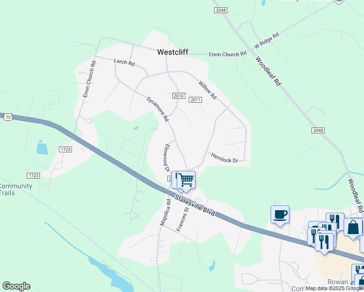 map of restaurants, bars, coffee shops, grocery stores, and more near 202 Sycamore Road in Salisbury