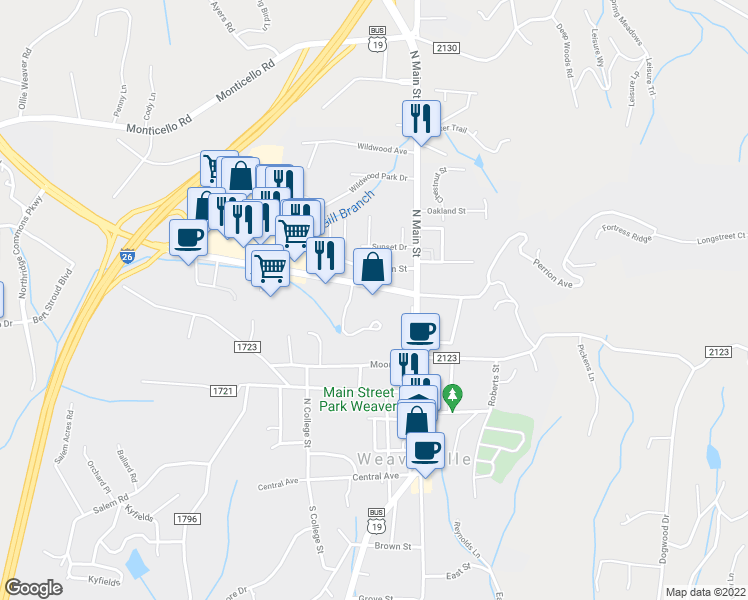 map of restaurants, bars, coffee shops, grocery stores, and more near 50 Weaver Boulevard in Weaverville