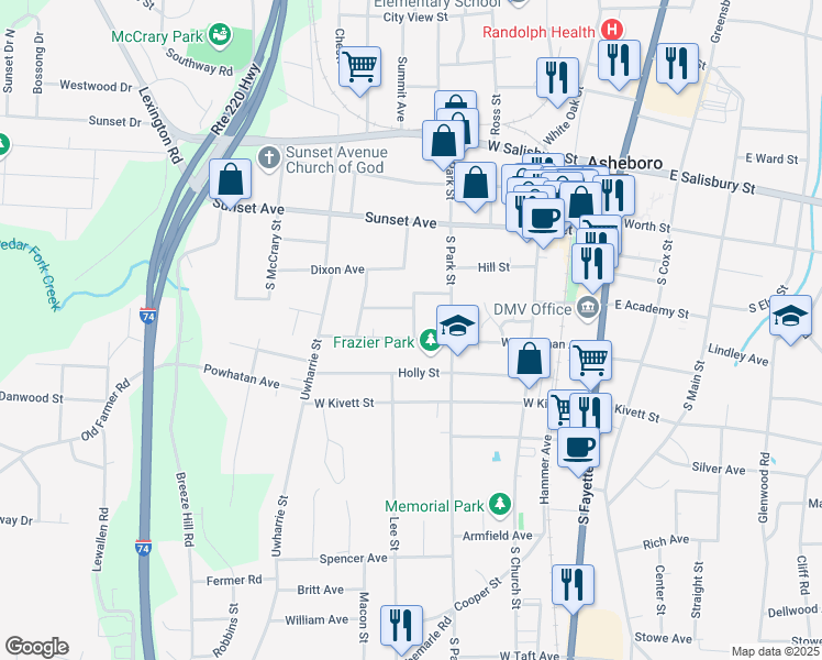map of restaurants, bars, coffee shops, grocery stores, and more near 617 Home Avenue in Asheboro