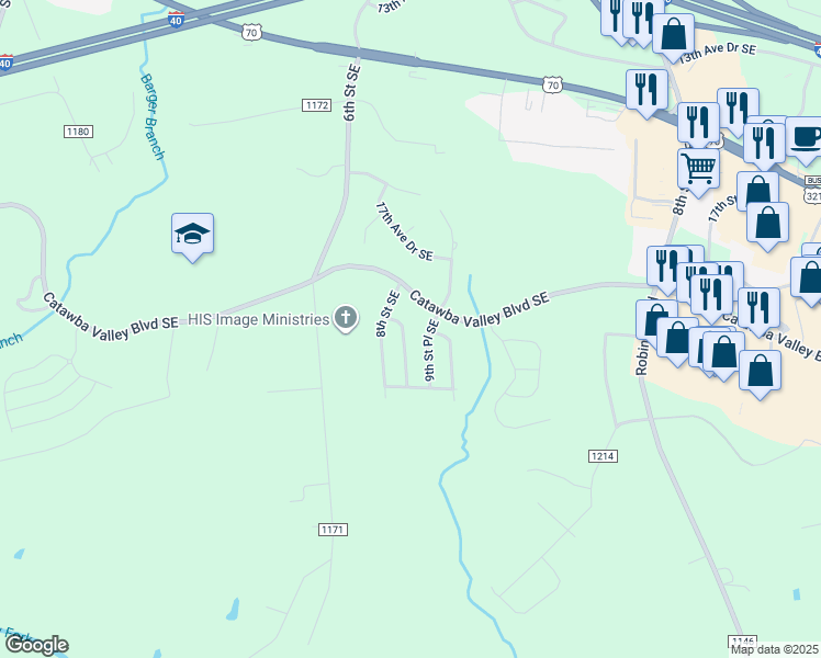 map of restaurants, bars, coffee shops, grocery stores, and more near 1933 8th Street Lane Southeast in Hickory