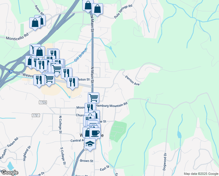 map of restaurants, bars, coffee shops, grocery stores, and more near Hamburg Drive in Weaverville
