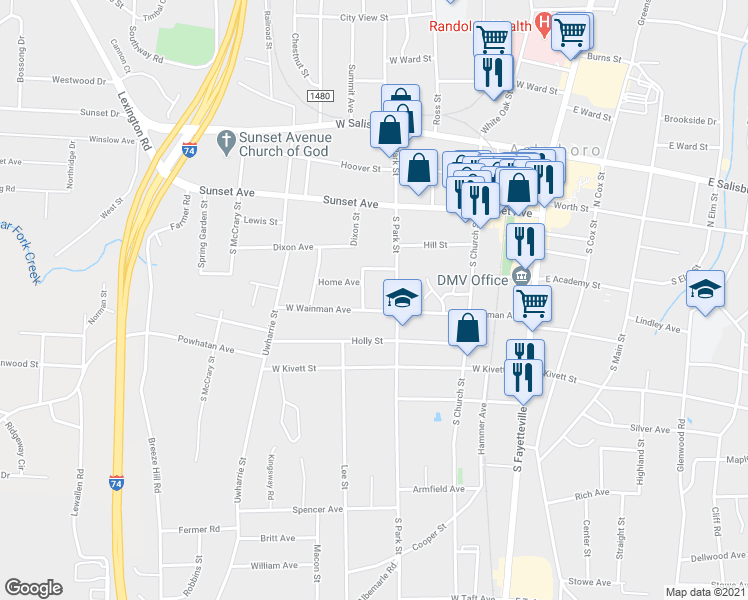 map of restaurants, bars, coffee shops, grocery stores, and more near 516 West Wainman Avenue in Asheboro