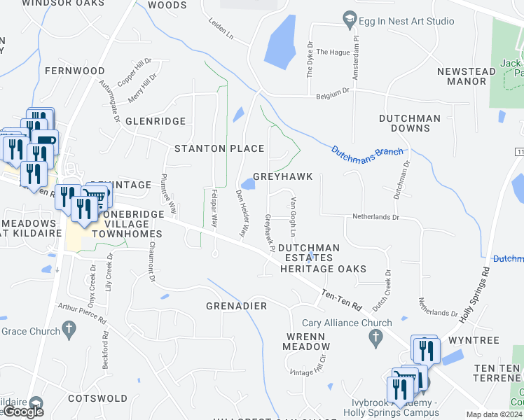 map of restaurants, bars, coffee shops, grocery stores, and more near 3003 Greyhawk Place in Apex