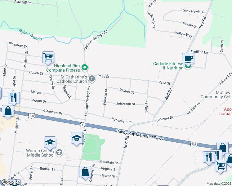 map of restaurants, bars, coffee shops, grocery stores, and more near 110 Delano Street in McMinnville