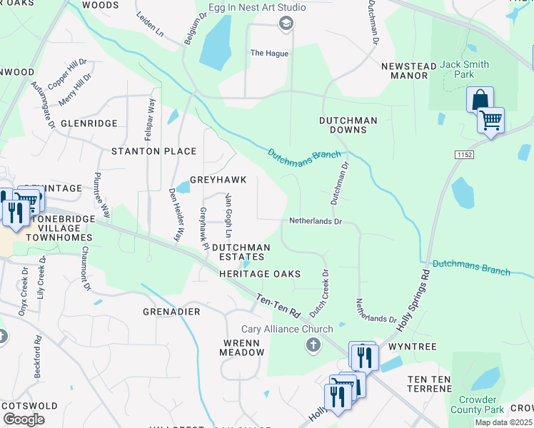 map of restaurants, bars, coffee shops, grocery stores, and more near 8200 Netherlands Drive in Raleigh