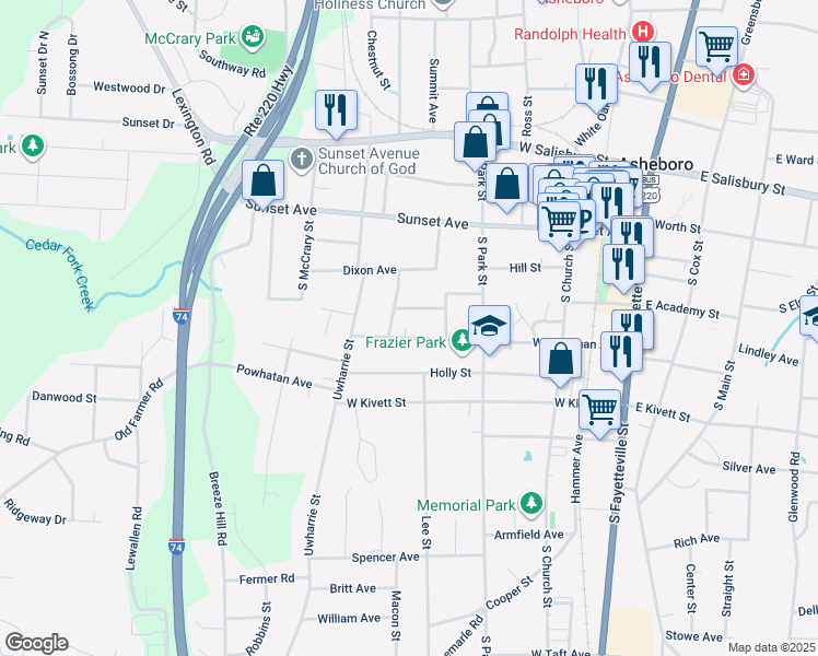 map of restaurants, bars, coffee shops, grocery stores, and more near 306 Pershing Street in Asheboro