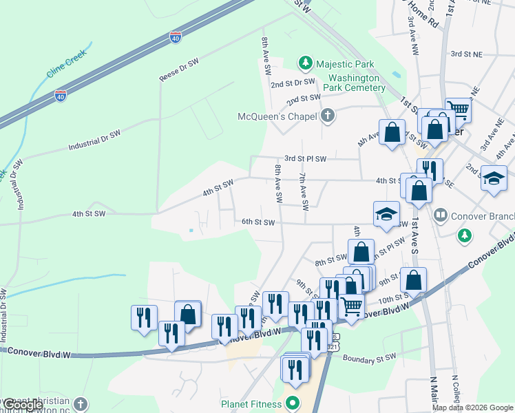 map of restaurants, bars, coffee shops, grocery stores, and more near 502 9th Avenue Southwest in Conover
