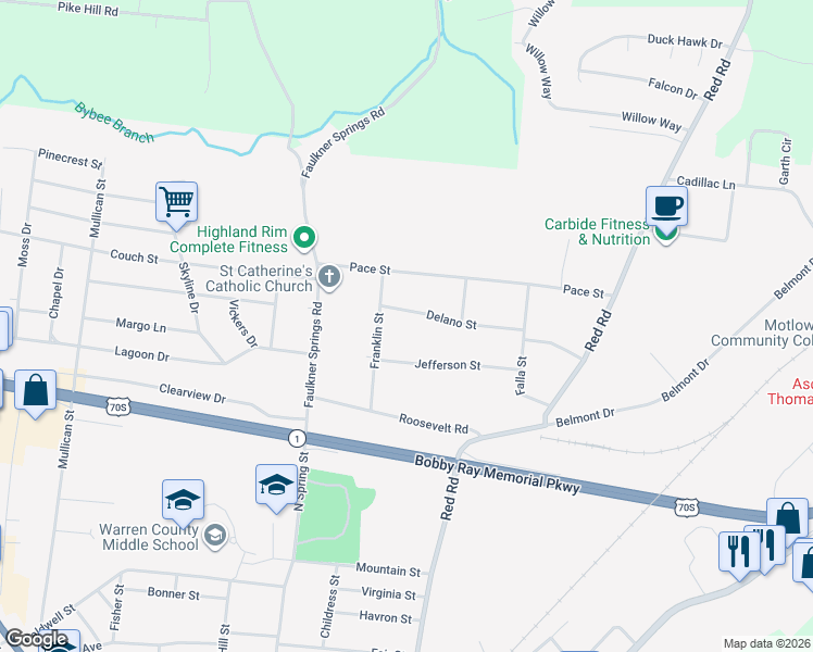 map of restaurants, bars, coffee shops, grocery stores, and more near 110 Delano Street in McMinnville