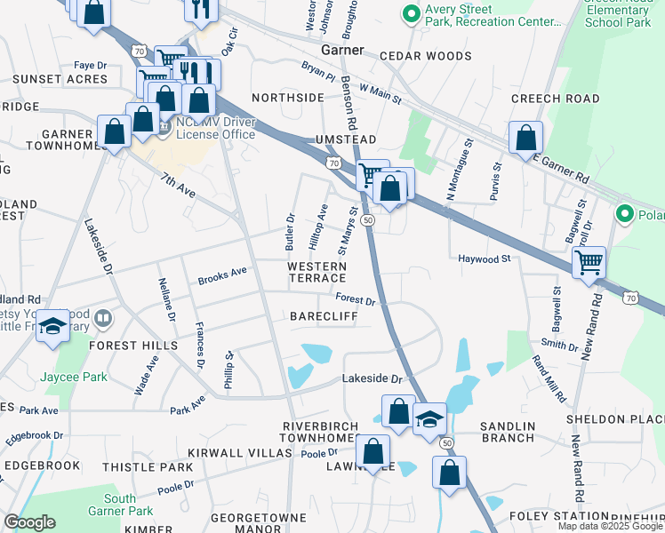 map of restaurants, bars, coffee shops, grocery stores, and more near 610 Saint Marys Street in Garner