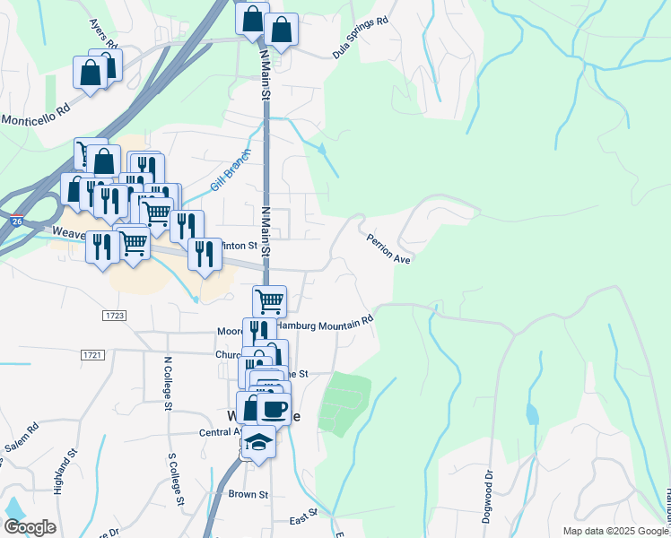 map of restaurants, bars, coffee shops, grocery stores, and more near 43 Hamburg Drive in Weaverville