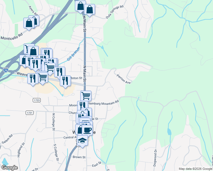 map of restaurants, bars, coffee shops, grocery stores, and more near 50-46 Hamburg Drive in Weaverville