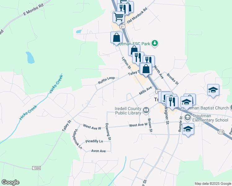 map of restaurants, bars, coffee shops, grocery stores, and more near 121 Starks Drive in Troutman