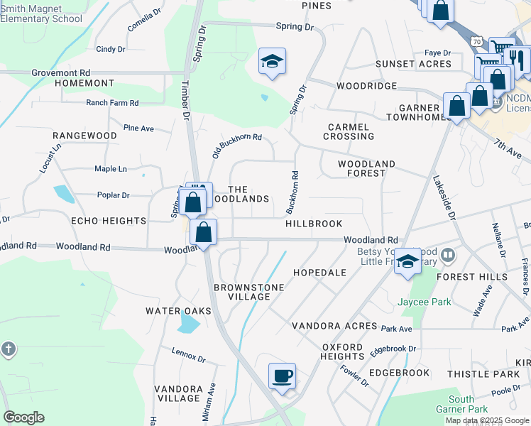 map of restaurants, bars, coffee shops, grocery stores, and more near 1102 Buckhorn Road in Garner