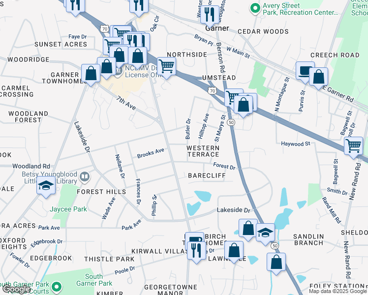 map of restaurants, bars, coffee shops, grocery stores, and more near 700 Butler Drive in Garner