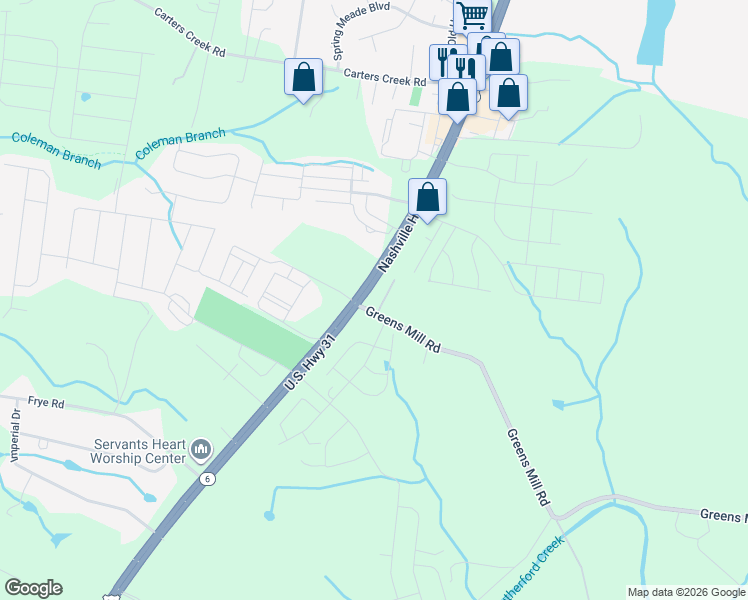 map of restaurants, bars, coffee shops, grocery stores, and more near 2447 Tennessee 6 in Columbia