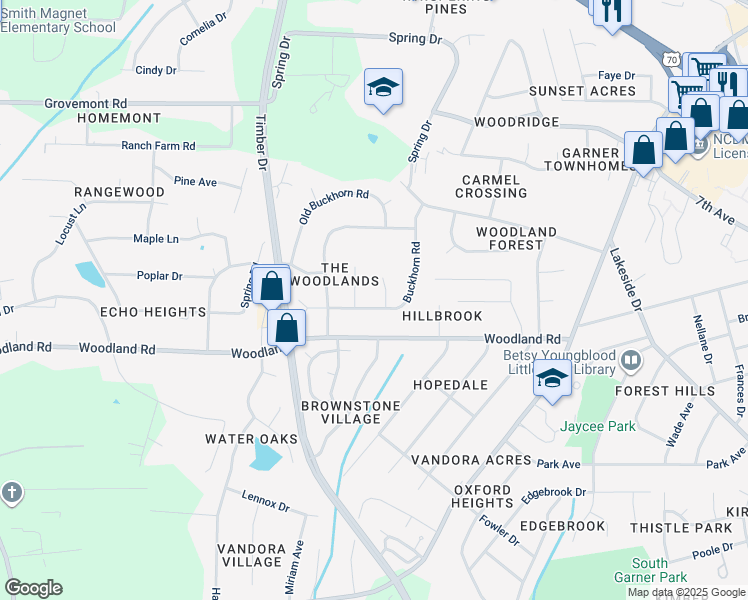 map of restaurants, bars, coffee shops, grocery stores, and more near 1102 Buckhorn Road in Garner