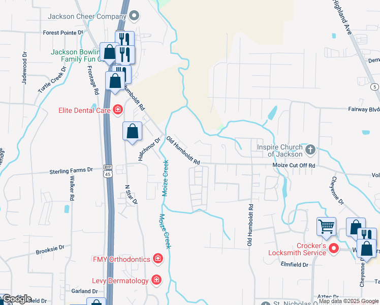 map of restaurants, bars, coffee shops, grocery stores, and more near 805 Old Humboldt Road in Jackson