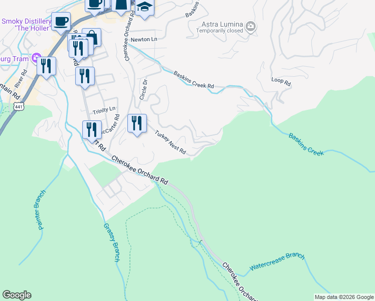 map of restaurants, bars, coffee shops, grocery stores, and more near 810 Park Drive in Gatlinburg