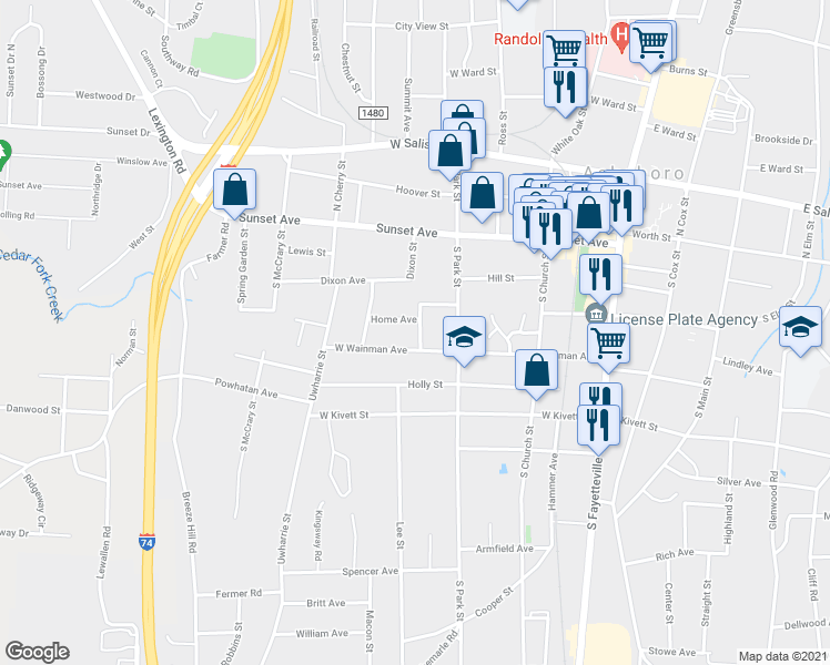 map of restaurants, bars, coffee shops, grocery stores, and more near 332 Frazier Street in Asheboro
